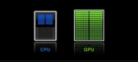 A CPU die dominated by cache and control versus a GPU die dominated by arithmetic units