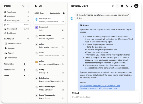 Fin AI agent connects Slack channels