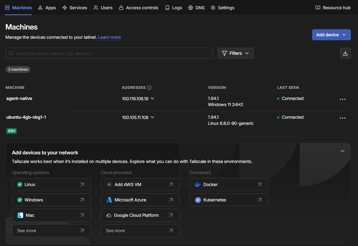 Tailscale registered machines